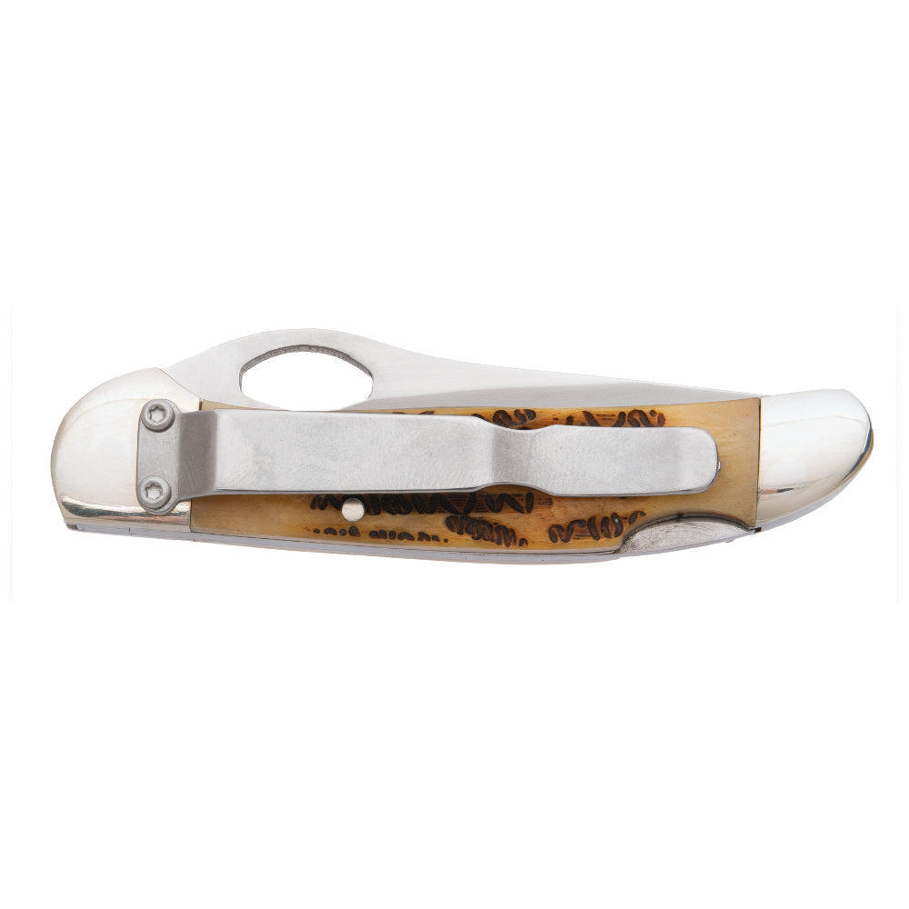 Bear and Son 5149L One-hand Opening Cowhand Genuine India Stag Bone Lockback Knife with Pocket Clip Back View