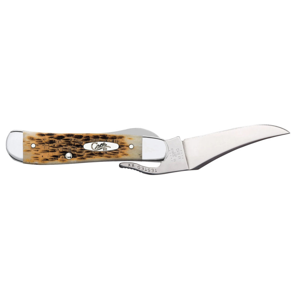 Case RussLock Amber Bone Pocket Knife with RussLock Clip Blade Locked Open