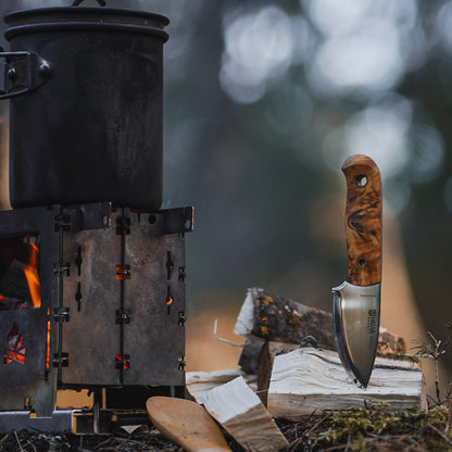 Helle Mandra H3LS Outdoor Knife with Leather Sheath at the Campfire