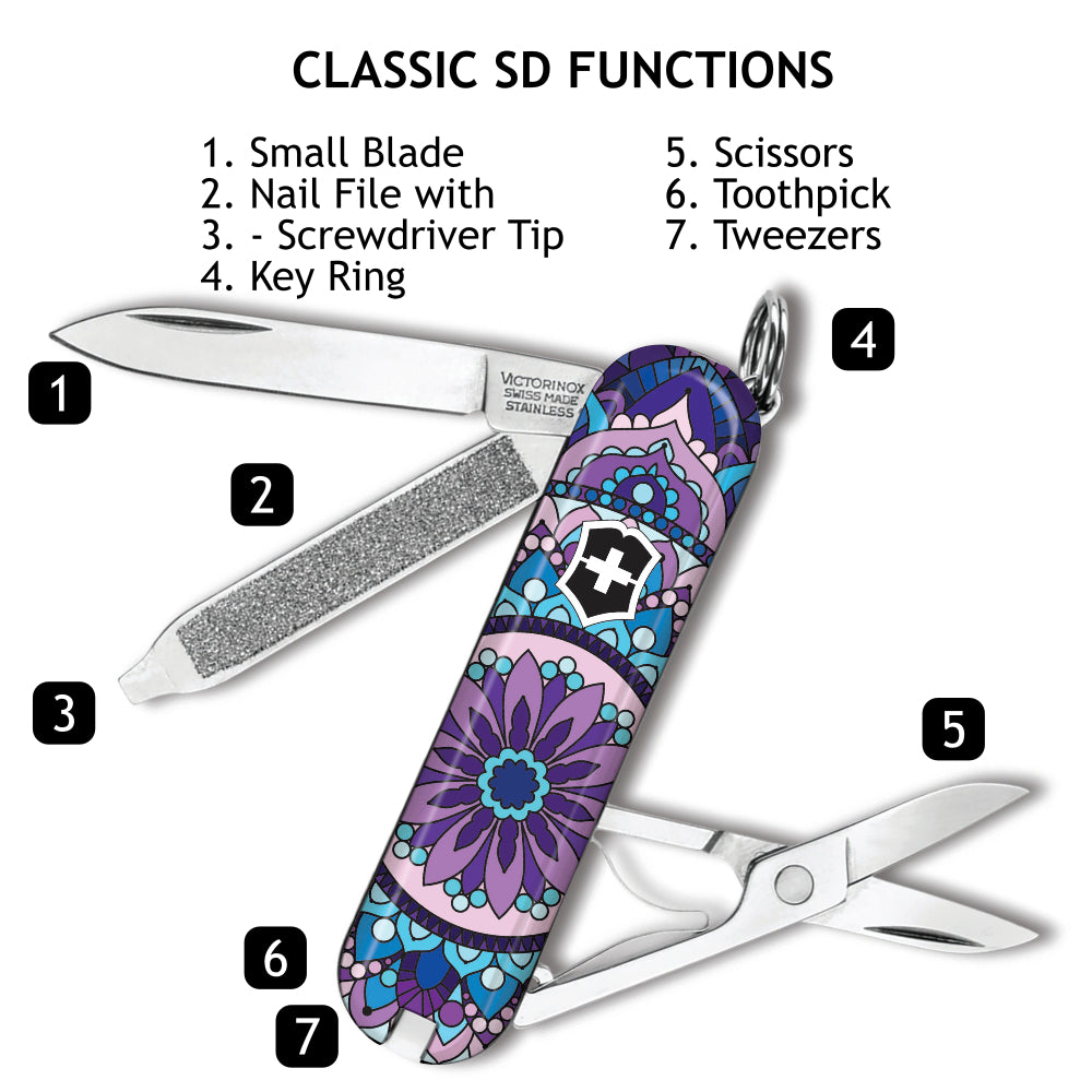 Victorinox Purple Mandala Classic SD Designer Swiss Army Knife Functions