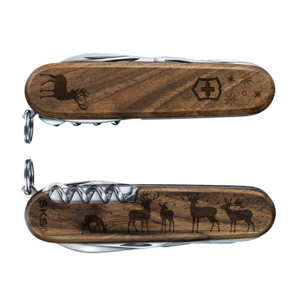 Victorinox Personalized Reindeer Spartan Hardwood Walnut Designer Swiss Army Knife Front and Back