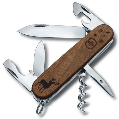 Victorinox Personalized Reindeer Spartan Hardwood Walnut Designer Swiss Army Knife with Tools Open