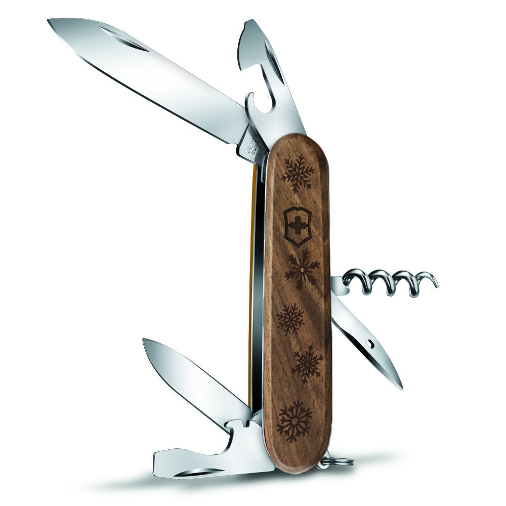 Personalized Victorinox Snowflakes Spartan Hardwood Swiss Army Knife with Tools Open