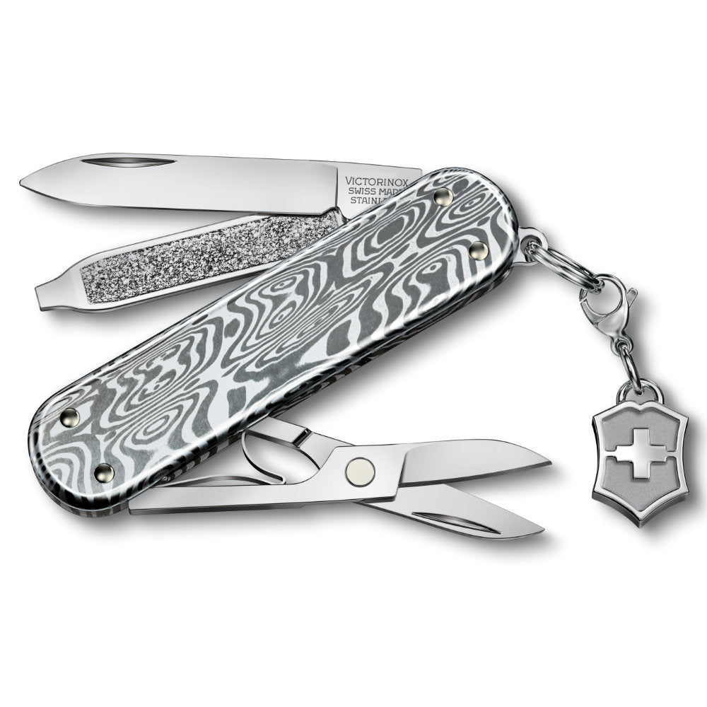 Victorinox Damast Classic SD Brilliant Swiss Army Knife with Victorinox Cross and Shield Charm