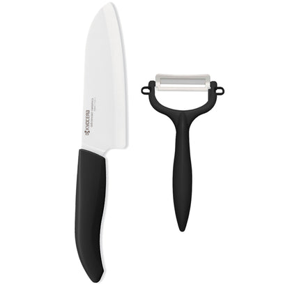 Kyocera Revolution 5.5" Ceramic Santoku Knife and Y-Peeler Set, Black Handle