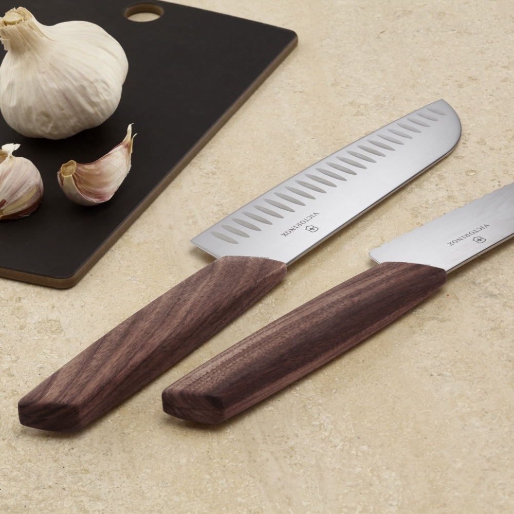 Swiss Modern Wood 7.5" Granton Edge Santoku Knife by Victorinox